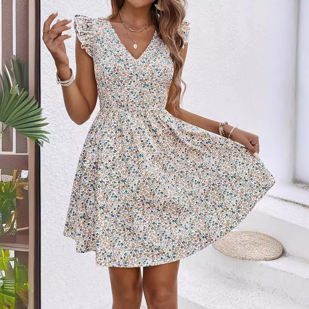 Women Clothing Women Floral Print Ruffles Cover Sleeve V neck Dress Lace up Backless A line Dress