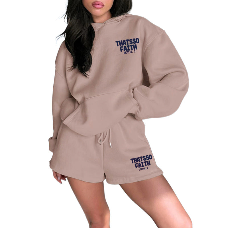 Autumn Winter Solid Color Letter Graphic Print Sweatshirt Women Loose Shorts Set