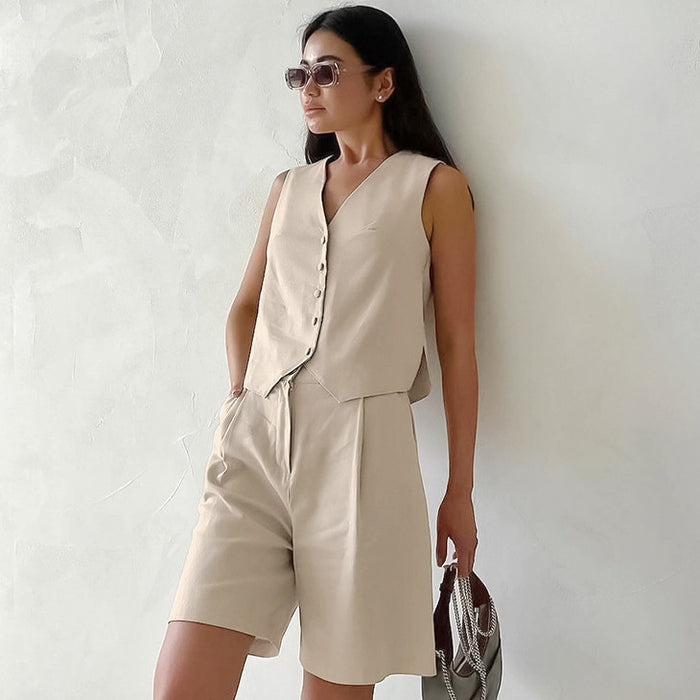 Khaki Cotton Linen Sleeveless Vest Waistcoat Pants Summer Arrival Two Piece Set