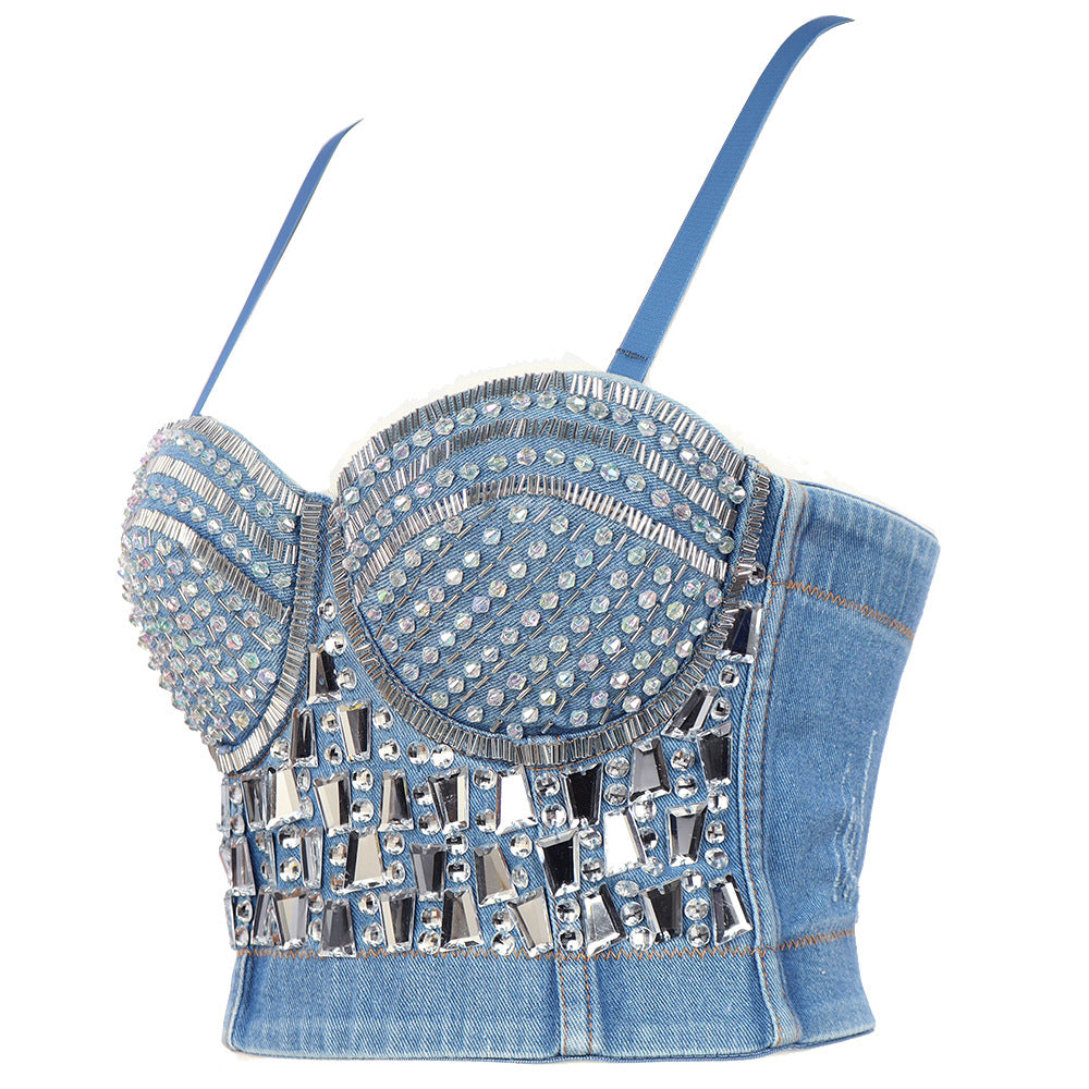 Beaded Shaping Camisole Online Influencer Outer Wear Underwear Stage Costume Rhinestone Denim Bra