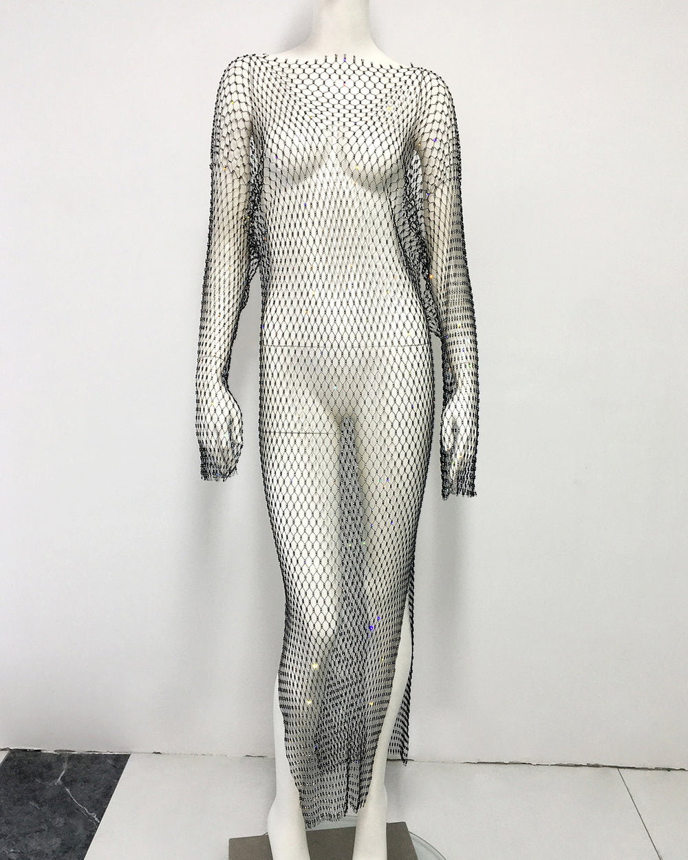 Women Rhinestone Dress Sexy Tight Mesh Rhinestone Fishnet Dress