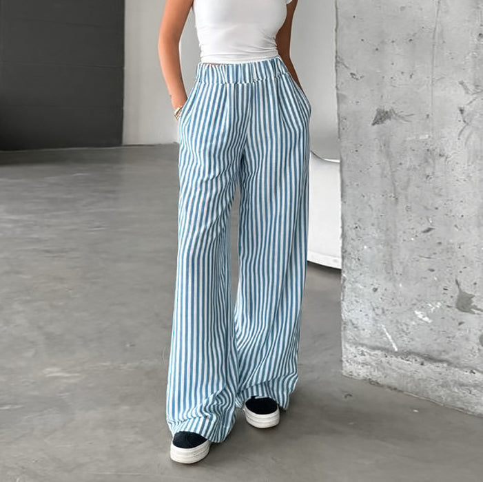 Autumn Casual Striped High Waist Elastic Band Trousers Baggy Straight Trousers Women