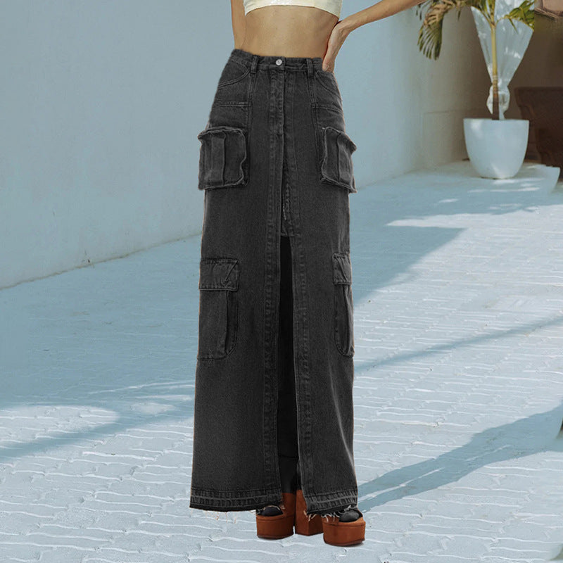 【MOQ-5 packs】 Hipsters High Street Spring High Waist Long Straight Front Slit Design Denim Solid Color Women Skirt