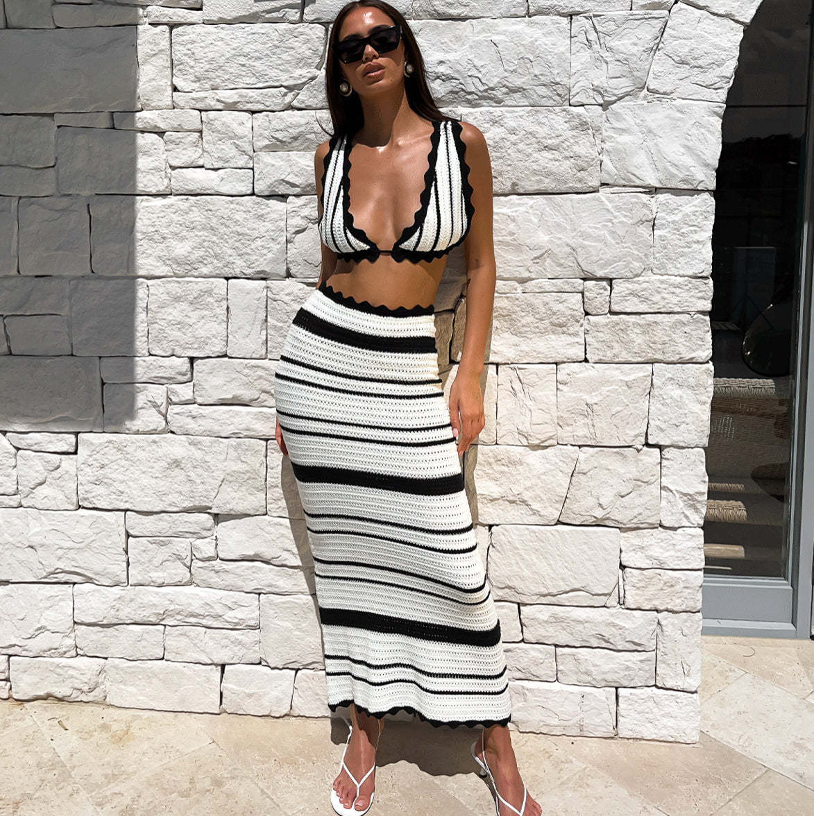 Striped Bikini Casual Vest Sling Top Suit Beach Bohemian Contrast Color Long Half