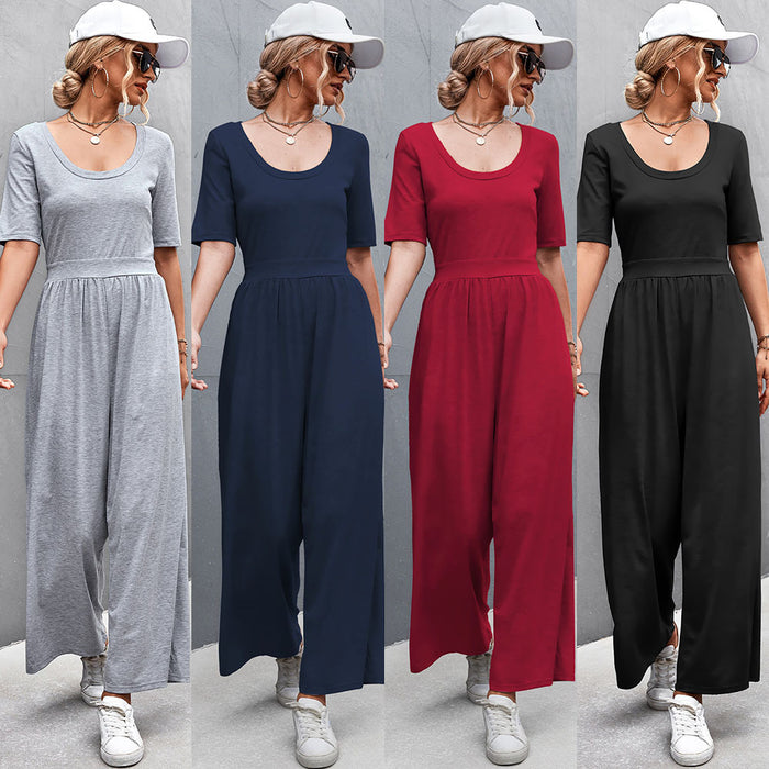 Spring Summer Short Sleeve U Collar Loose Wide Leg Jumpsuit