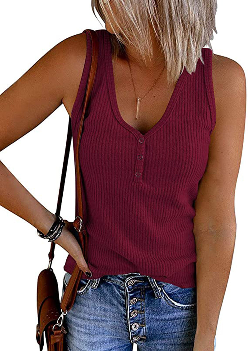 Summer Women Breasted Knitted Vest Solid Color V neck Sleeveless Top Women