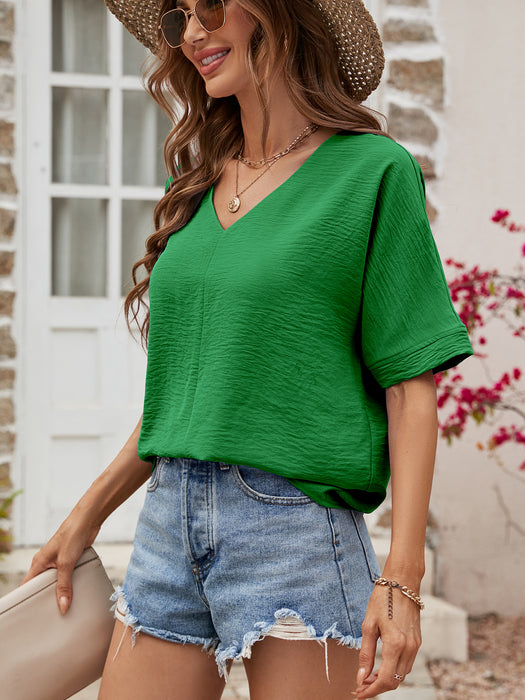 Women Clothing Summer Solid Color V neck Short Sleeved Casual Top T shirt Women