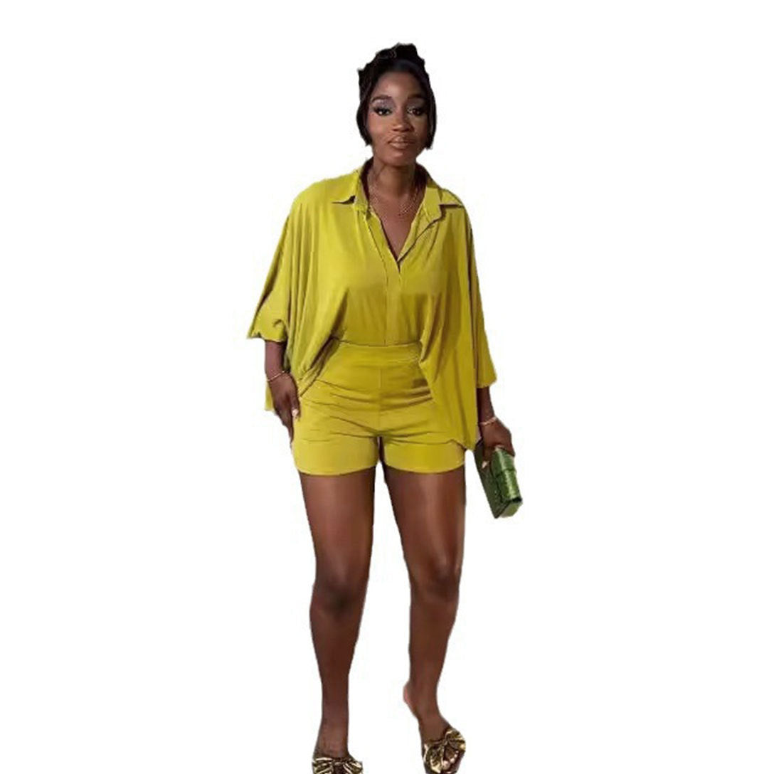 Women Sexy Solid Color Batwing Sleeve Shirt Loose Two Piece Set