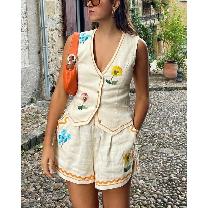 Spring Summer Sleeveless Printing Vest Suit Casual Loose Vacation Two Piece Set Women