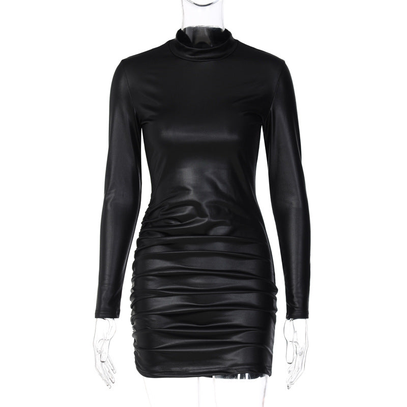Women's Clothing Winter Solid Color Faux Leather Pleated Slim Fit round Neck Long Sleeves Dress