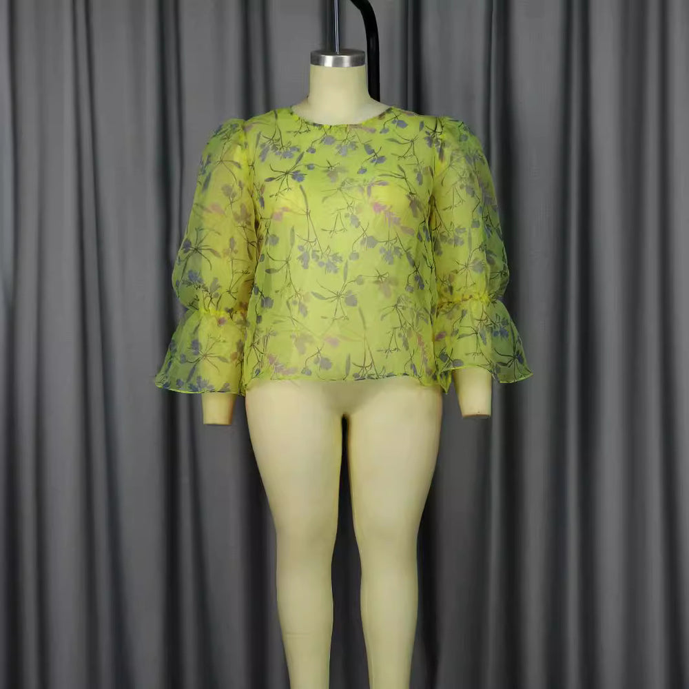Sweet Spicy Lightweight See through Blouse Cocktail Party All Match Green Women Top