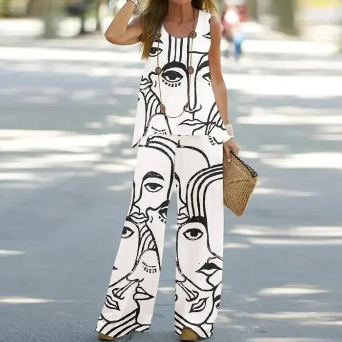 Summer Casual Women Printed Sleeveless Top Elastic High Waist Trousers Two Piece Set