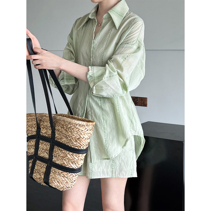 Idle Texture Tencel Pleated Sun Protection Shirt Shorts Two Piece Set Vacation Set