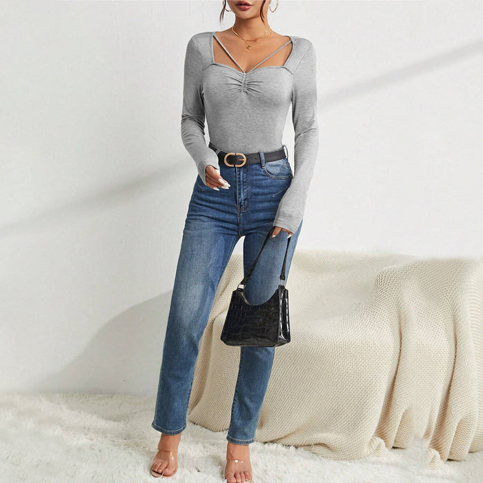 Women Clothing Minimalist Design Square Neck T shirt Fall/Winter Slim All Match Slimming Bottoming Top