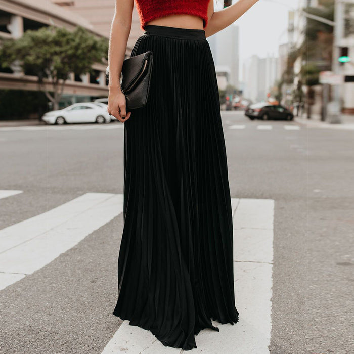 Summer Elegant Pleated Mopping Solid Color Wide Hem Skirt