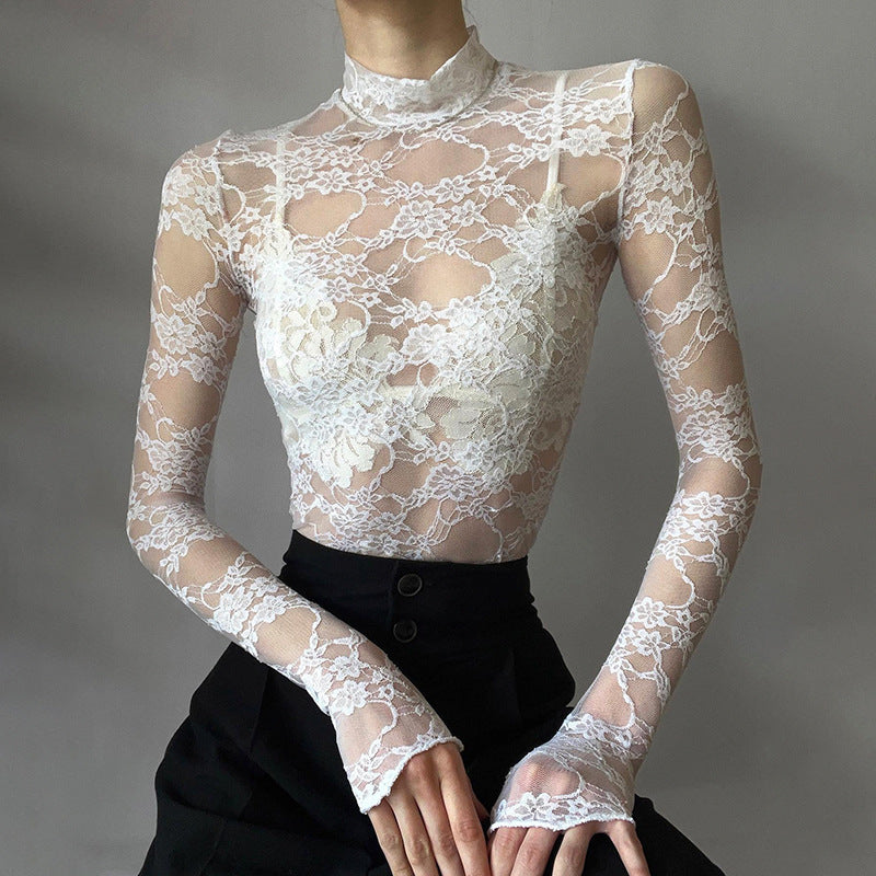 Spring Summer Sexy Perspective Lace Turtleneck Long Sleeve T Sshirt Thin Tight Short Top