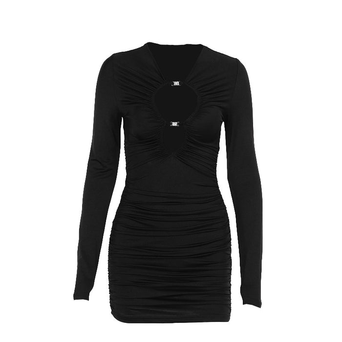 Autumn Elegant Sexy Slim Hollow Out Cutout Long Sleeve Narrow Sexy Dress Women