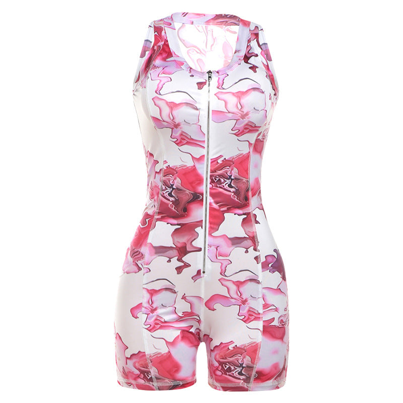 Spring Summer Women Personalized Retro Printed Zipper Design Sleeveless Tight Jumpsuit