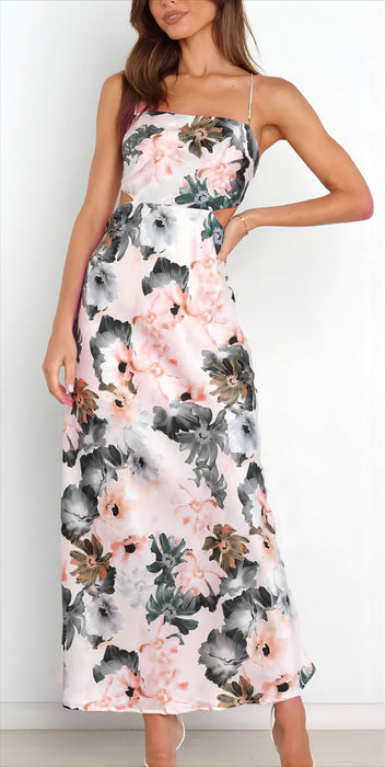 Summer Lace Printing Satin Elegant Dress for Women