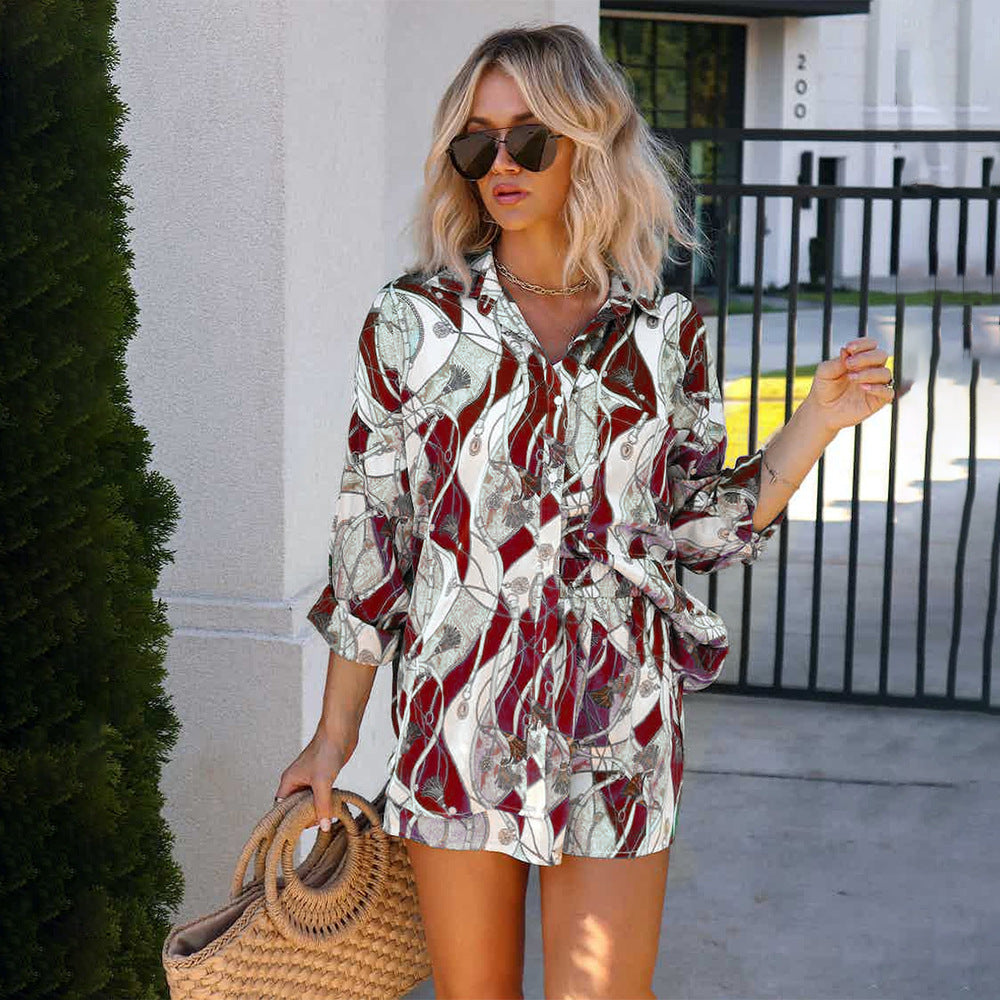 Floral Print Long sleeved Cardigan Casual Shirt Two Piece Set Women