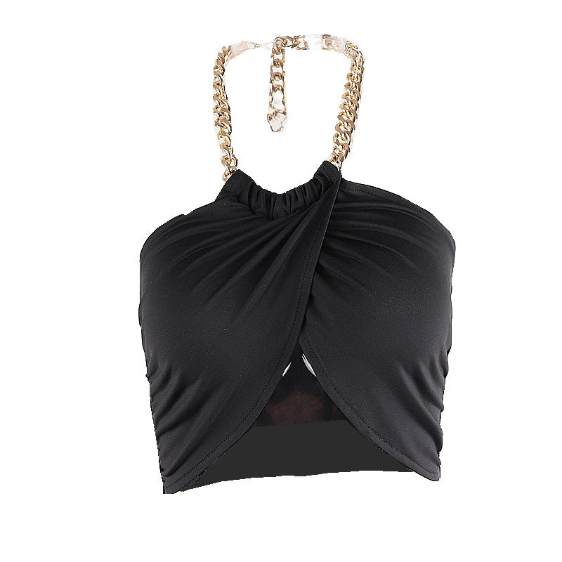 Sexy Metal Chain Decoration Halter Bottoming Tube Top Vest for Women
