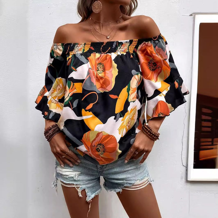 Women Clothing Seller Summer Smocking Floral Floral Print Off Shoulder Short Sleeve Women Lining