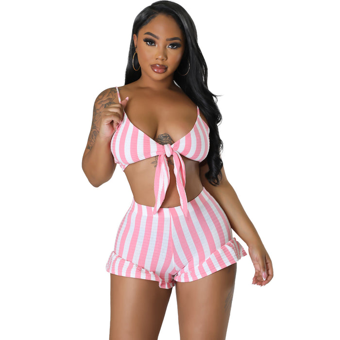 Women Clothing Sexy Thread Striped Two Piece Women