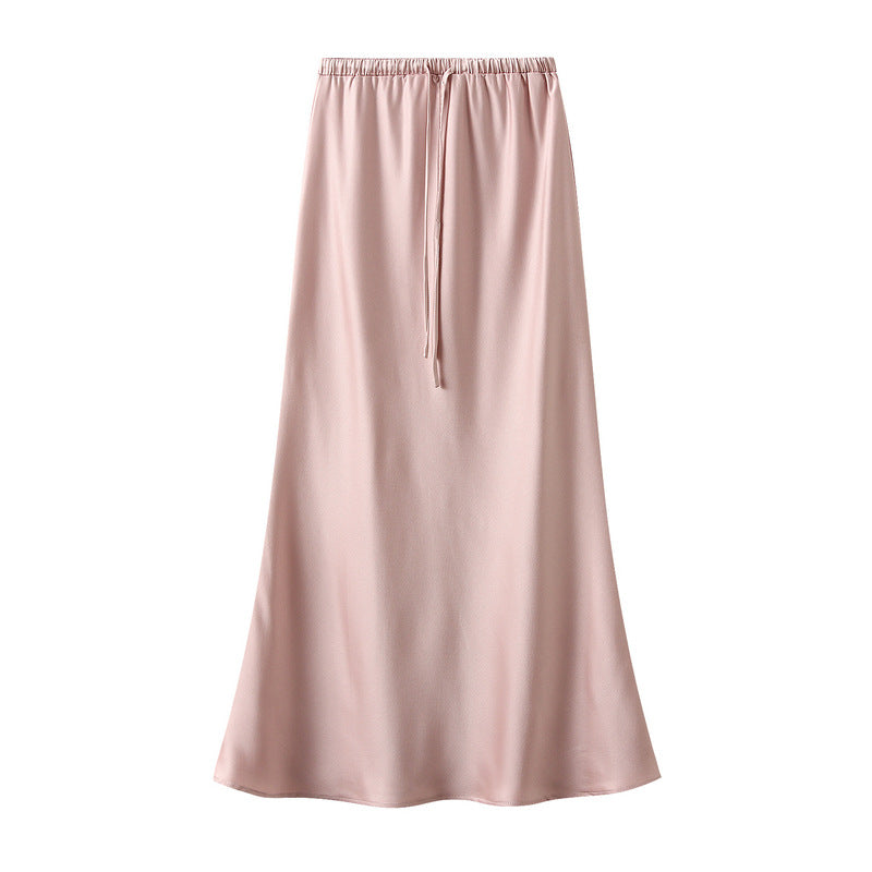 Imitation Acetate Amoi Elastic Waist Drawstring Silky Slimming Fishtail Black Pink Satin Skirt