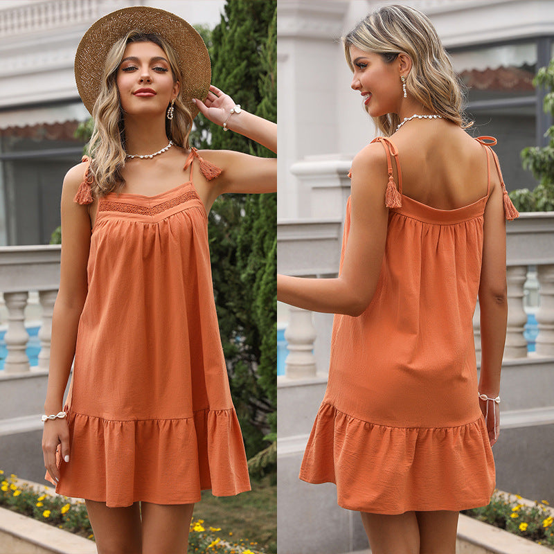 Summer Solid Color Stitching Lace Lace-up Tassel Cami Babydoll Dress for Women