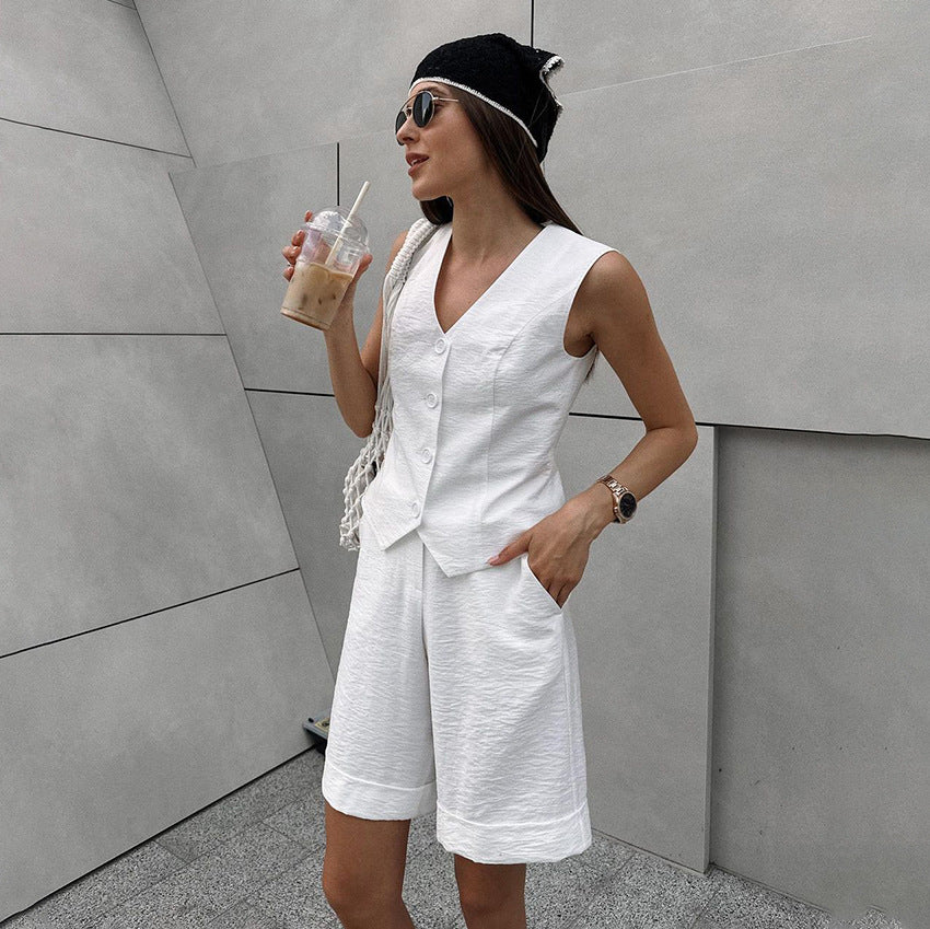 Summer Simple Sleeveless V Neck Vest Shorts Two Piece Set White Casual Set Women