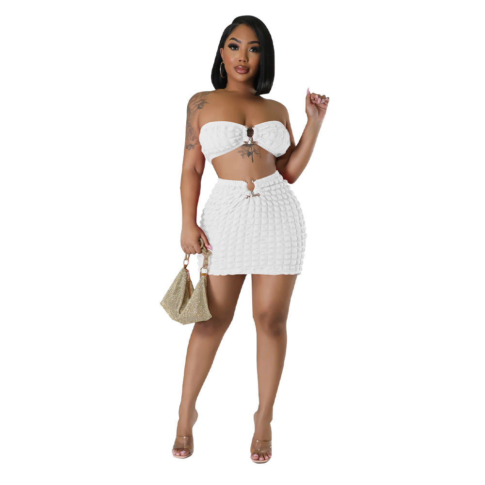 Women Clothing Popcorn Sexy Cropped Wrapped Chest Short Skirt Bubble Two Piece Set