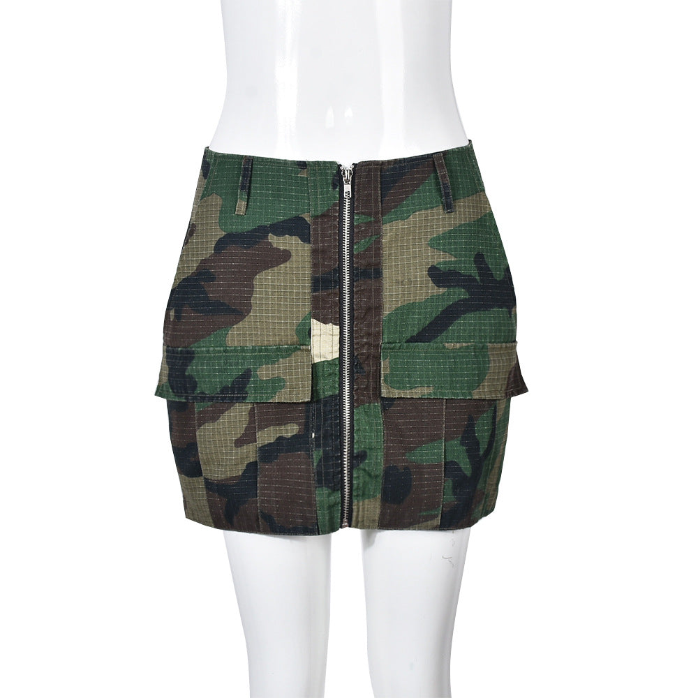 Summer Women Clothing Personalized Trendy Pocket Zipper Camouflage Skirt