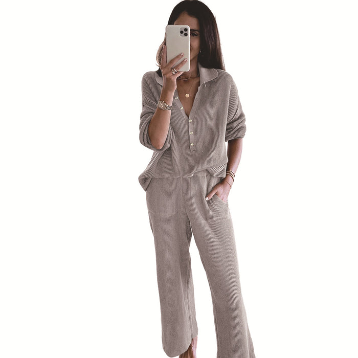 Shiying Solid Color Homewear Women Autumn Winter Sunken Stripe Home Wear Collared Half Cardigan Single-Breasted Long Sleeve Suit