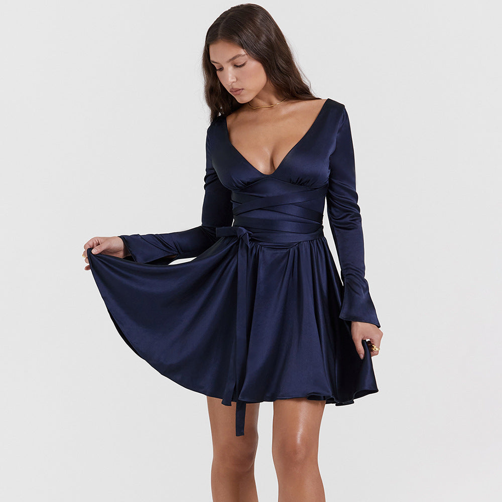 Autumn Clothing Women Clothing Sexy V neck Waist Tight Little Short Dress Sexy Clothing Long Sleeve Dress Clothing