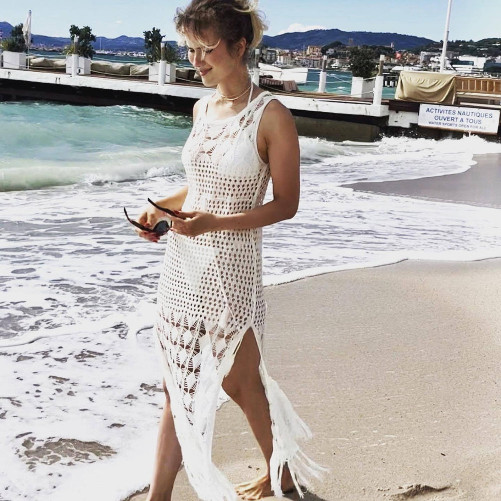 Summer White Beach Dress Sleeveless Pullover Hollow Out Cutout Tassel Knitted Dress Sun Protection Swimsuit Blouse Dress