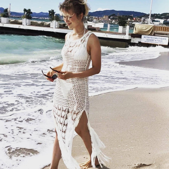 Summer White Beach Dress Sleeveless Pullover Hollow Out Cutout Tassel Knitted Dress Sun Protection Swimsuit Blouse Dress