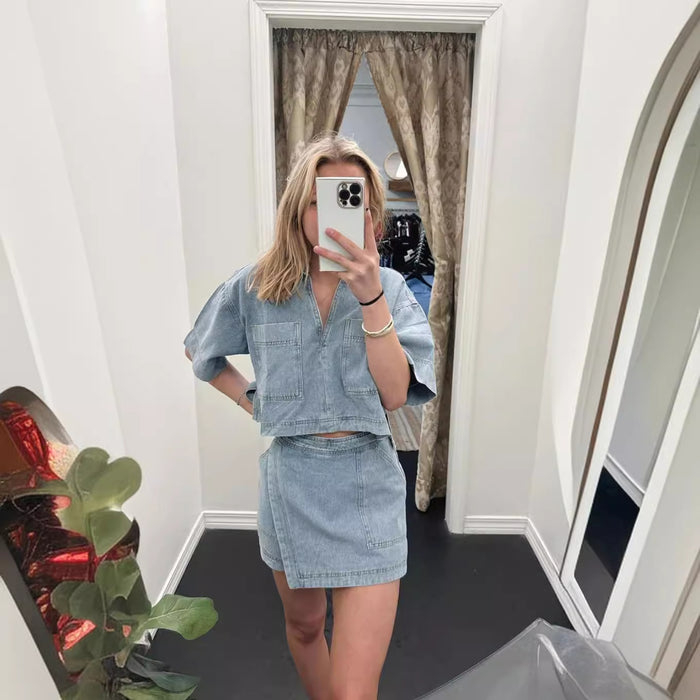 Comfort Casual Denim Women Summer Loose Slimming Polo Short Sleeve Shirt Irregular Asymmetric Pantskirt Two Piece Set