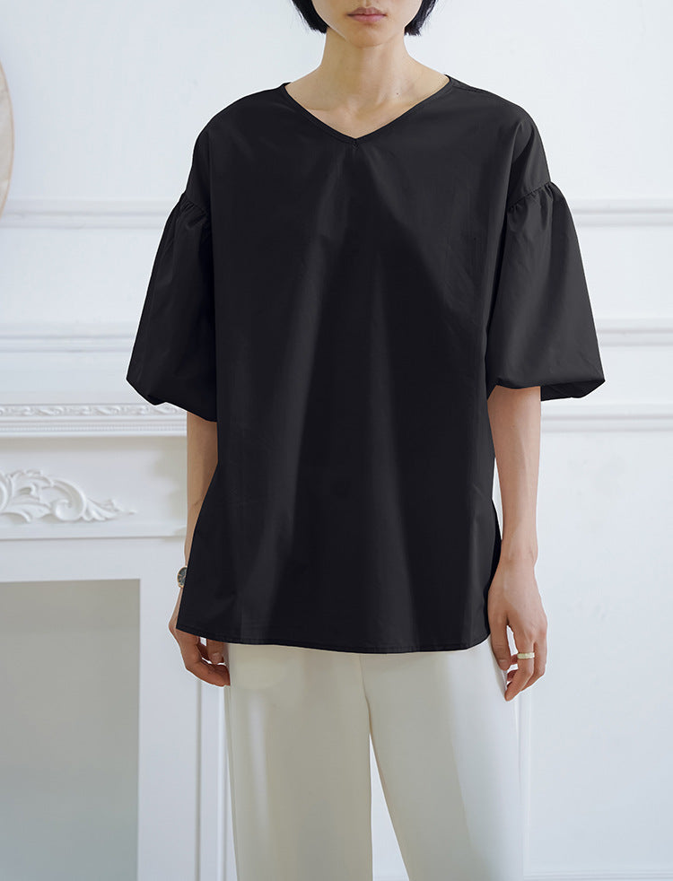 Summer Loose Large Women Shirt Cotton Oversized Lantern Sleeve Round Neck Top