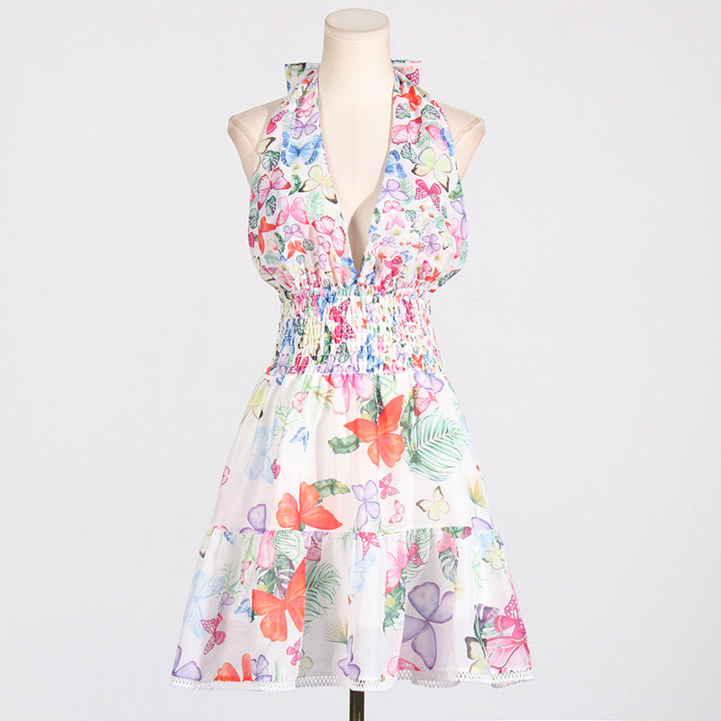 Retro Printed Vacation Summer Halter Design Deep V Plunge neck Sleeveless Short Dress for Women