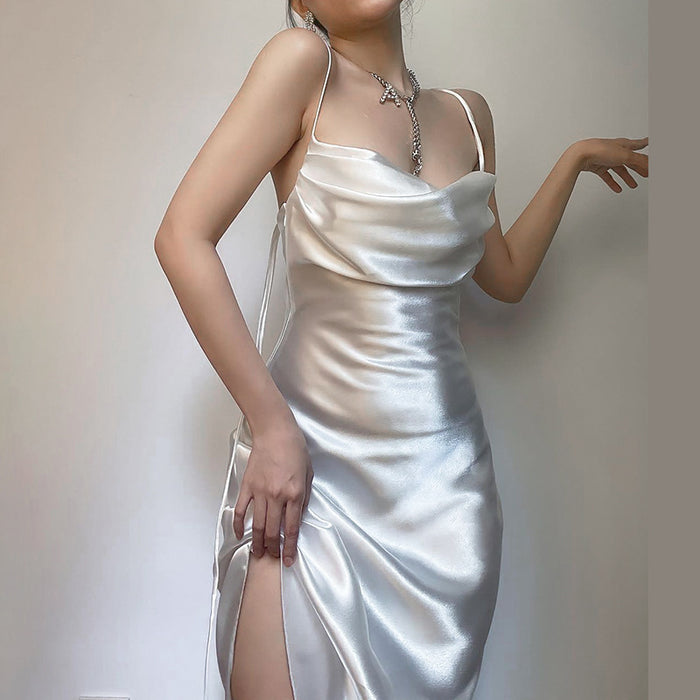 Spring Slim Fit Maxi Dress Irregular Asymmetric Casual Strap Satin Dress for Women