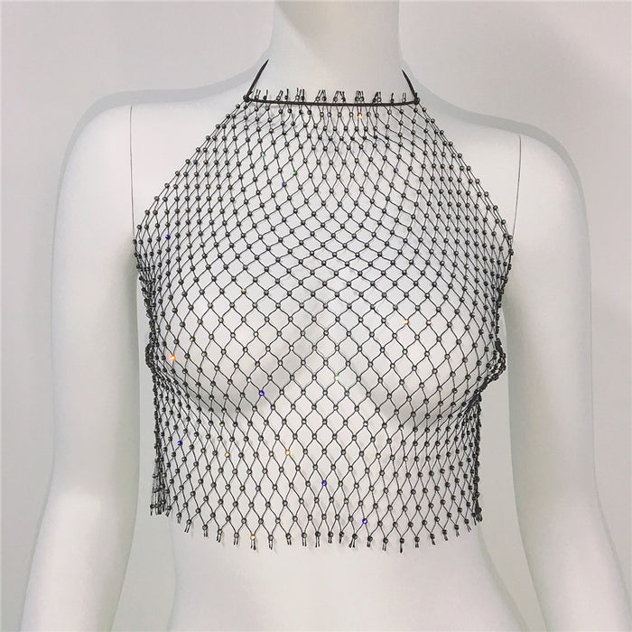 Women Clothing Grid Rhinestone Fishnet Halter Spaghetti Straps Sexy Cutout Sexy Sling Women