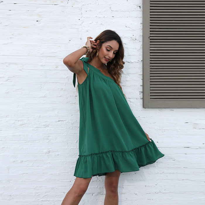 New Women Dress Fashion Shoulder-Baring Lace-up Small Chiffon Dress