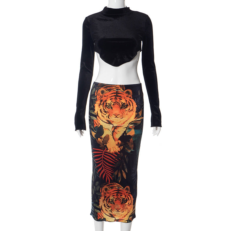 Women Clothing Winter Casual Tiger Print Cropped Long Sleeve Top Slim Fit Maxi Skirt Set