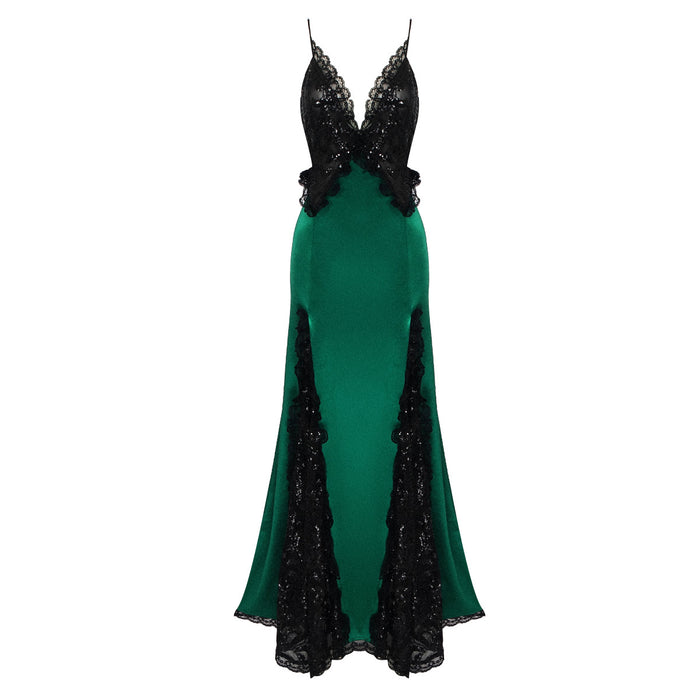 Gothic Sequin Lace Satin Dress Black Patchwork Vintage Green Maxi Dress Women Clothing Dress