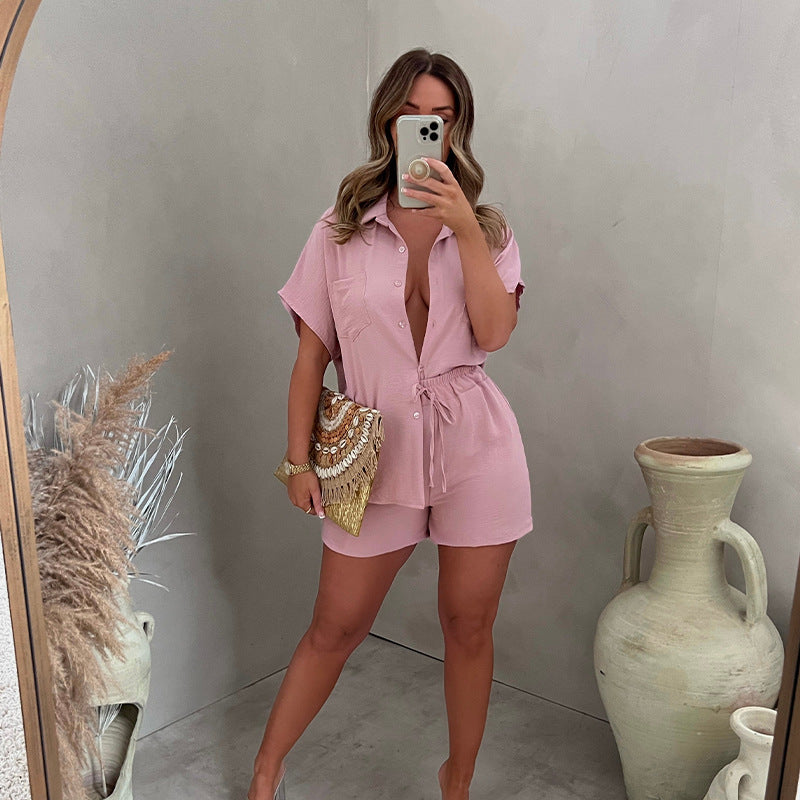 Latin Casual Suit Solid Color Classic Single Breasted Sleeve Shirt Elastic Waist Shorts Two Piece Set