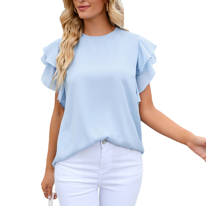 Summer Women Clothing round Neck Ruffle Sleeve Chiffon Shirt Top