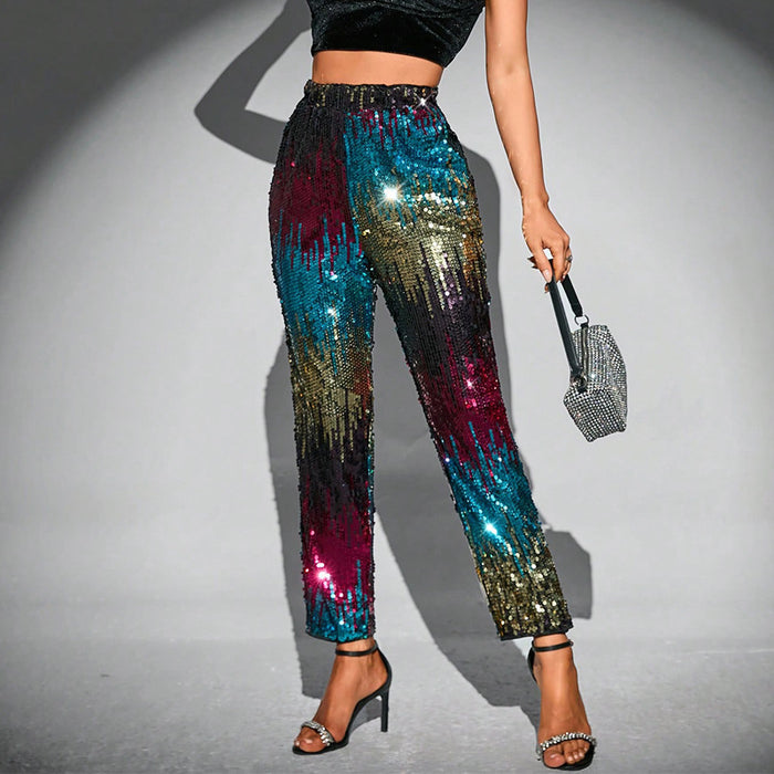 Multi Color Velvet Sequ High Waist Party Clothes Tapered Pants Straight Leg Pants Trousers