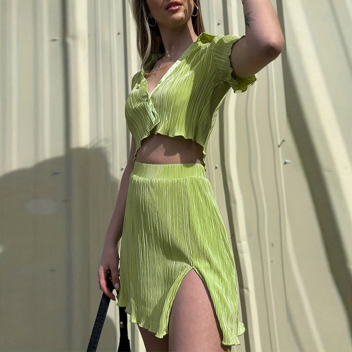 Elegant Cropped Short Sleeve Top Slim Fit Slit Skirt Set Women