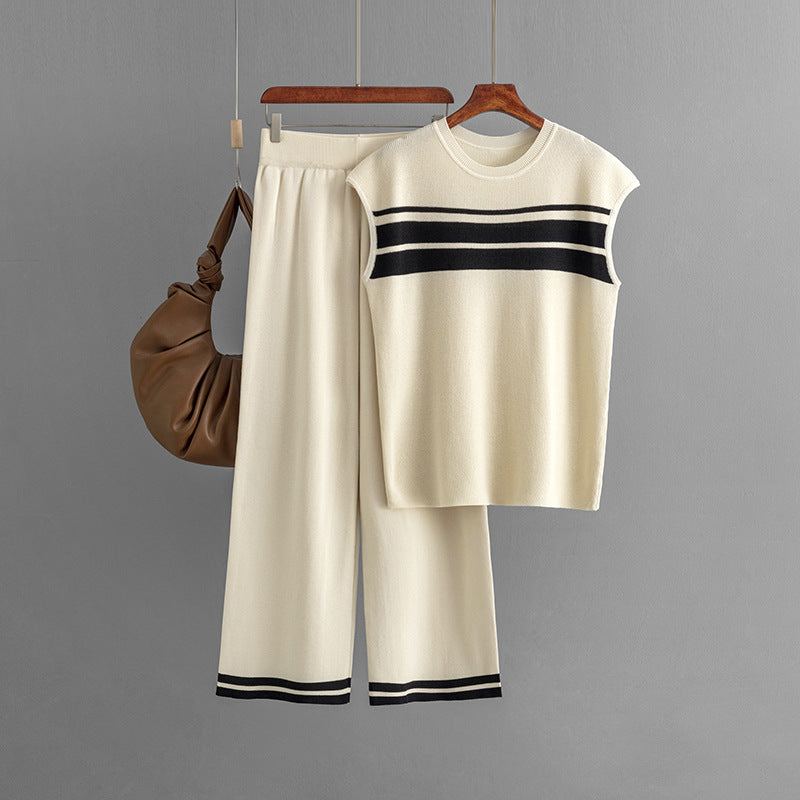 Casual Suit Loose Contrast Color Striped Sleeveless Top High Waist Wide Leg Pants Two Piece Set