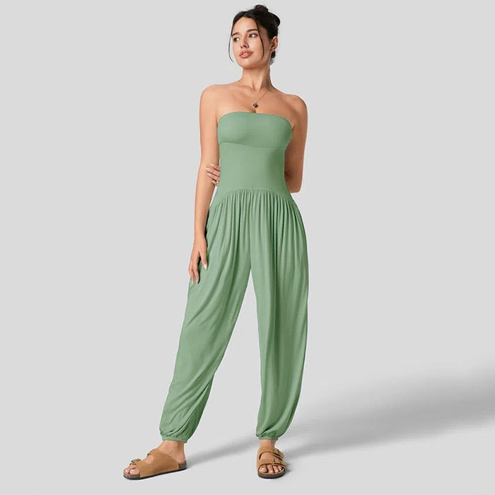 Women Clothing Summer Solid Color Casual Tube Top Cinched Waist Lantern Loose Tappered Women Jumpsuit